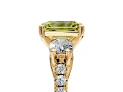 3 Stone Engagement Ring Setting for Fancy Yellow Emerald Cut Center with Crossover Basket, Pave Band and Prong Head in Yellow Gold