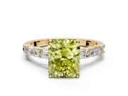 Baguette Engagement Ring Setting for Fancy Yellow Radiant Cut Center with Alternating Bar-Set Band and Prong Head in Yellow Gold