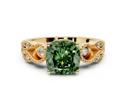 Leaf Engagement Ring Setting for Fancy Green Cushion Cut Center with Milgrain Accent Band and Prong Head in Yellow Gold