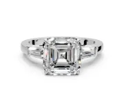 3 Stone Engagement Ring Setting for Asscher Cut Center with Baguette Accents and Prong Head in Sterling Silver