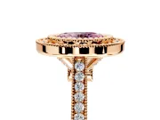 Halo Engagement Ring Setting for Fancy Pink Oval Center with Milgrain Frame, Pave Band and Prong Head in Rose Gold