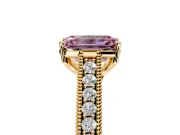 Solitaire Engagement Ring Setting for Fancy Pink Emerald Cut Center with Engraved Pave Band and Prong Head in Yellow Gold