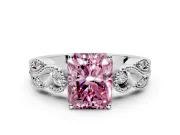 Leaf Engagement Ring Setting for Fancy Pink Princess Cut Center with Milgrain Accent Band and Prong Head in Sterling Silver