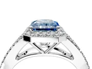 Halo Engagement Ring Setting for Fancy Blue Radiant Cut Center with Pave Split Shank and Prong Head in Sterling Silver