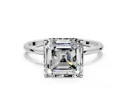 Solitaire Engagement Ring Setting for Asscher Cut Center with Straight Thin Band and Prong Head in White Gold