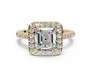 Halo Engagement Ring Setting for Asscher Cut Center with Pave Accents, Heart Basket and Prong Head in Yellow Gold