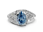 Halo Engagement Ring Setting for Fancy Blue Pear-Shaped Center with Marquise and Pave Bypass Band and Prong Head in White Gold