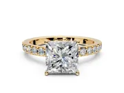 Solitaire Engagement Ring Setting for Princess Cut Center with Round Cut Pave Band and Prong Head in Yellow Gold