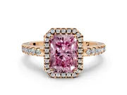 Accent Halo Engagement Ring Setting for Fancy Pink Radiant Cut Center with Full-Length Pave Band and Prong Head in Rose Gold