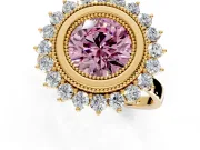 Halo Engagement Ring Setting for Fancy Pink Round Cut Center with Milgrain Bezel Rim, Plain Band and Prong Head in Yellow Gold