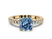 Solitaire Engagement Ring Setting for Fancy Blue Cushion Cut Center with Single Row Accent Band and Prong Head in Yellow Gold