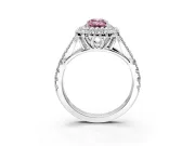 Double Halo Engagement Ring Setting for Fancy Pink Emerald Cut Center with Narrow Pave Split Shank and Prong Head in Platinum