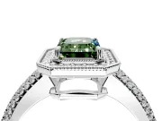 Milgrain Halo Engagement Ring Setting for Fancy Green Emerald Cut Center with Three-Sided Pave Band and Prong Head in Platinum