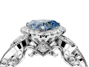 Milgrain Halo Engagement Ring Setting for Fancy Blue Heart-Shaped Center with Shoulder Bezels and Prong Head in White Gold