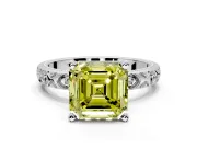 Solitaire Engagement Ring Setting for Fancy Yellow Asscher Cut Center with XO Engraved Band and Prong Head in Platinum