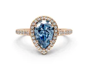 Halo Engagement Ring Setting for Fancy Blue Pear-Shaped Center with Pave Accents, Heart Basket and Prong Head in Rose Gold