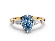 Bar-Set Engagement Ring Setting for Fancy Blue Pear-Shaped Center with Tapered Baguette Accents and Prong Head in Yellow Gold