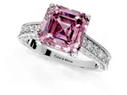 Solitaire Engagement Ring Setting for Fancy Pink Asscher Cut Center with Milgrain-Framed Pave Band and Prong Head in Platinum