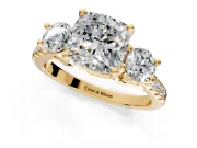 3 Stone Engagement Ring Setting for Cushion Cut Center with Crossover Basket, Pave Band and Prong Head in Yellow Gold