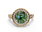 Halo Engagement Ring Setting for Fancy Green Round Cut Center with Outer Bezel Rim, Pave Band and Prong Head in Yellow Gold