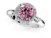 Halo Engagement Ring Setting for Fancy Pink Round Cut Center with Tapered Plain Band and Prong Head in Sterling Silver