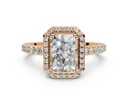 Halo Engagement Ring Setting for Radiant Cut Center with Inner Milgrain Border and Prong Head in Rose Gold