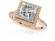 Halo Engagement Ring Setting for Princess Cut Center with Pave Accents, Heart Basket and Prong Head in Rose Gold