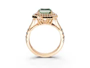 Double Halo Engagement Ring Setting for Fancy Green Asscher Cut Center with Narrow Pave Split Shank and Prong Head in Rose Gold