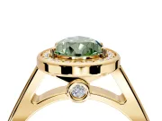 Halo Engagement Ring Setting for Fancy Green Pear-Shaped Center with Outer Bezel Rim, Pave Band and Prong Head in Yellow Gold