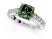 Solitaire Engagement Ring Setting for Fancy Green Cushion Cut Center with Engraved Pave Band and Prong Head in White Gold