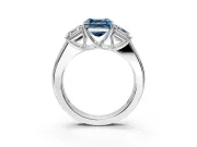 3 Stone Engagement Ring Setting for Fancy Blue Asscher Cut Center with Raised Basket Heads and Prong Head in Platinum