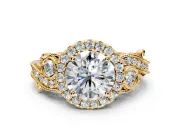Milgrain Halo Engagement Ring Setting for Round Cut Center with Shoulder Bezels and Prong Head in Yellow Gold