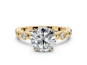 Solitaire Engagement Ring Setting for Round Cut Center with Beaded Bezel Station Band and Prong Head in Yellow Gold