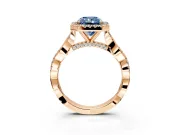 Halo Engagement Ring Setting for Fancy Blue Radiant Cut Center with Twist Band and Prong Head in Rose Gold