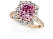 Halo Engagement Ring Setting for Fancy Pink Radiant Cut Center with Single-Row Pave, Open Basket and Prong Head in Rose Gold