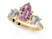 3 Stone Engagement Ring Setting for Fancy Pink Pear-Shaped Center with Crossover Basket, Pave Band and Prong Head in Yellow Gold