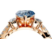 3 Stone Engagement Ring Setting for Fancy Blue Heart-Shaped Center with Pave Split Shank and Prong Head in Rose Gold