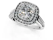 Halo Engagement Ring Setting for Cushion Cut Center with Outer Bezel Rim, Pave Band and Prong Head in Sterling Silver
