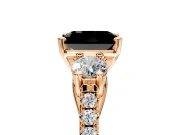 3 Stone Engagement Ring Setting for Fancy Black Radiant Cut Center with Crossover Basket, Pave Band and Prong Head in Rose Gold