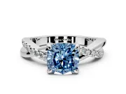 Solitaire Engagement Ring Setting for Fancy Blue Cushion Cut Center with Half-Pave Crossover Band and Prong Head in Sterling Silver