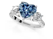 3 Stone Engagement Ring Setting for Fancy Blue Heart-Shaped Center with Crossover Basket, Pave Band and Prong Head in Platinum