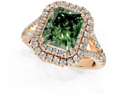 Double Halo Engagement Ring Setting for Fancy Green Radiant Cut Center with Narrow Pave Split Shank and Prong Head in Rose Gold