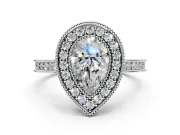 Halo Engagement Ring Setting for Pear-Shaped Center with Milgrain Pave Band and Bezel Head in Sterling Silver
