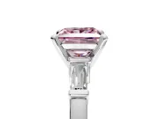 3 Stone Engagement Ring Setting for Fancy Pink Princess Cut Center with Channel Baguette Accents and Prong Head in Platinum
