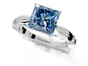 Solitaire Engagement Ring Setting for Fancy Blue Princess Cut Center with Carved Leaf Shoulders and Prong Head in Sterling Silver