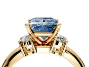 3 Stone Engagement Ring Setting for Fancy Blue Princess Cut Center with Wide Plain Band and Prong Head in Yellow Gold
