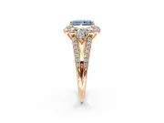 Halo Engagement Ring Setting for Fancy Blue Radiant Cut Center with Two-Strand Split Shank and Prong Head in Rose Gold