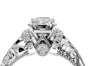 Solitaire Engagement Ring Setting for Emerald Cut Center with Filigree Accent Basket and Prong Head in White Gold