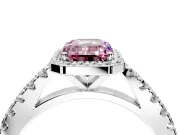 Halo Engagement Ring Setting for Fancy Pink Emerald Cut Center with Full Pave Band and Prong Head in Platinum