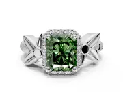 Halo Engagement Ring Setting for Fancy Green Radiant Cut Center with Floral Band and Prong Head in Sterling Silver